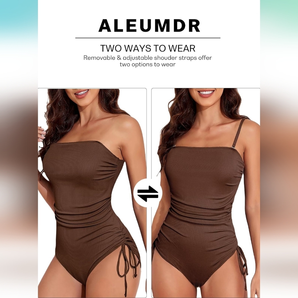 ALEUMDR Brown Ribbed Ruched Tie-up Swimsuit With Cutout - Picture 3 of 10